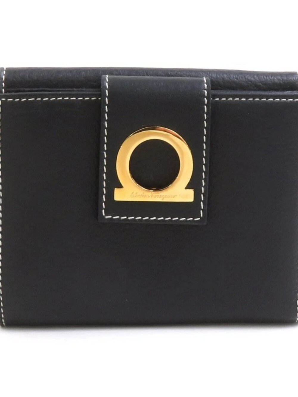 Auth Salvatore Ferragamo Gancini Bifold Wallet Black Leather/Goldtone - e62244